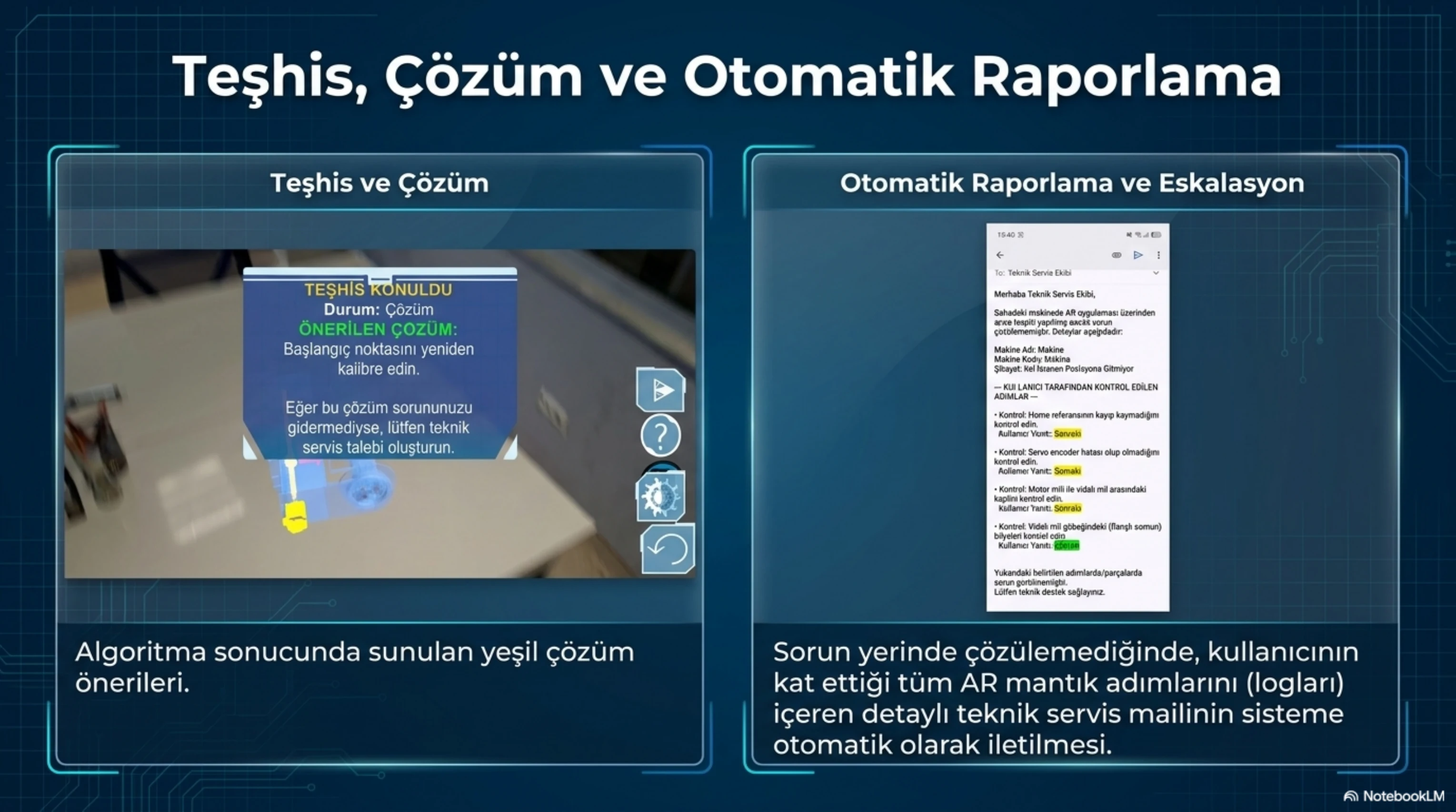 AR teşhis, çözüm ve otomatik raporlama ekranı